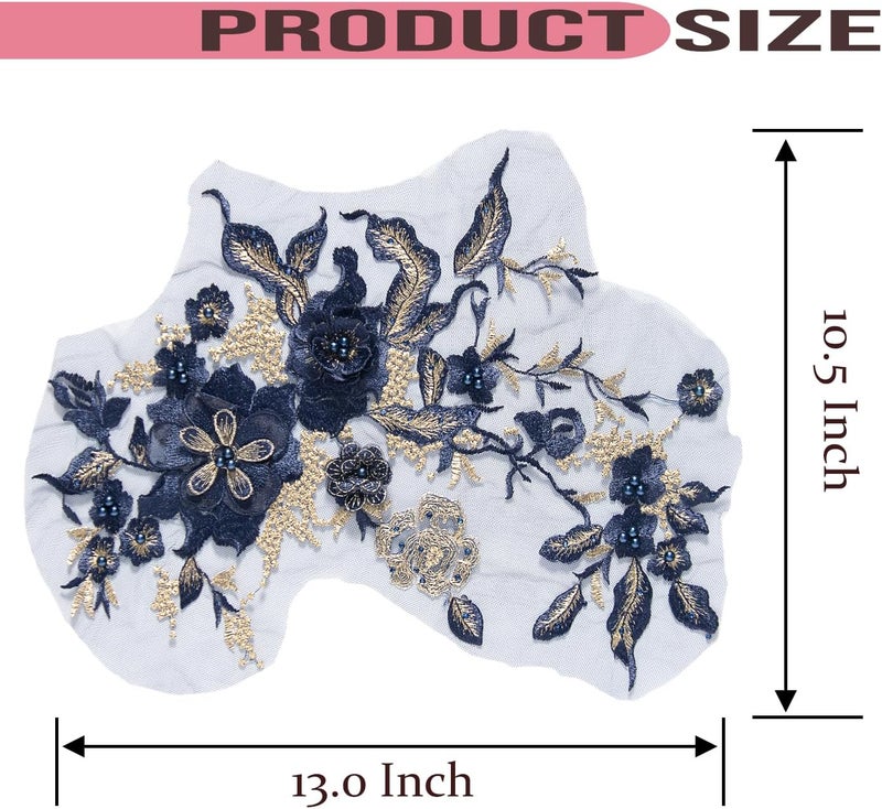 Silvora Colorful Flower Fabric Beaded Lace Applique,3D Embroidered Flower Fabric Patch for Bridal Dress, Handmade Sewing Tool for Wedding DIY Crafts(Blue-3) - Image 2